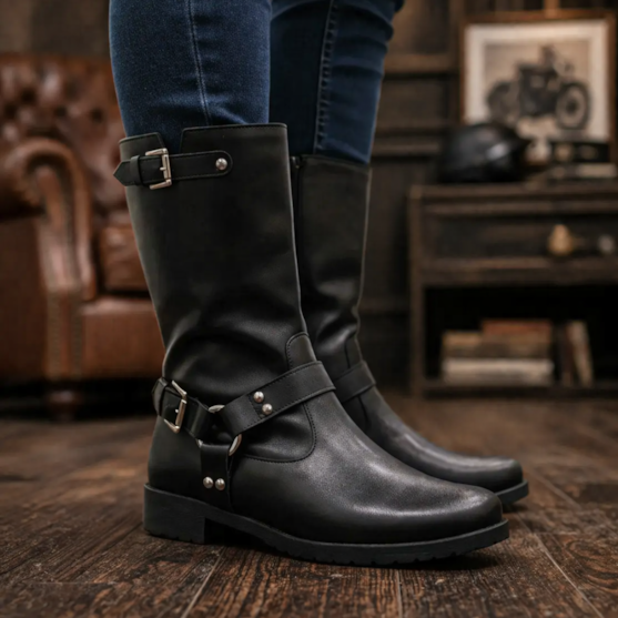 Segunda imagem do produto Bota Feminina Biker Cano Médio Tratorada Com Fivelas Tendência Preta