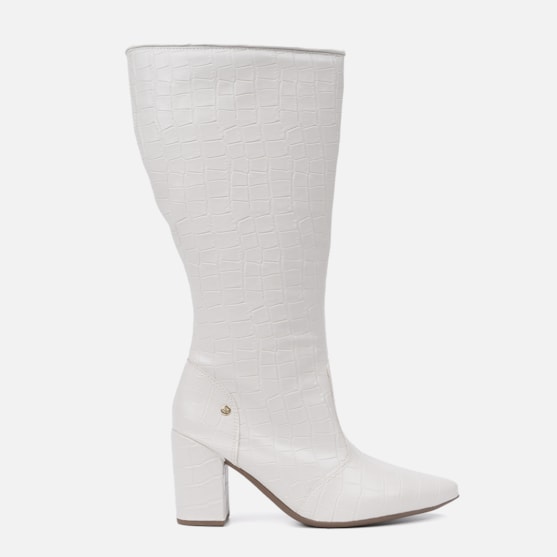 Bota Feminina Cano Alto Longo Animal Print Salto Alto Grosso Off White
