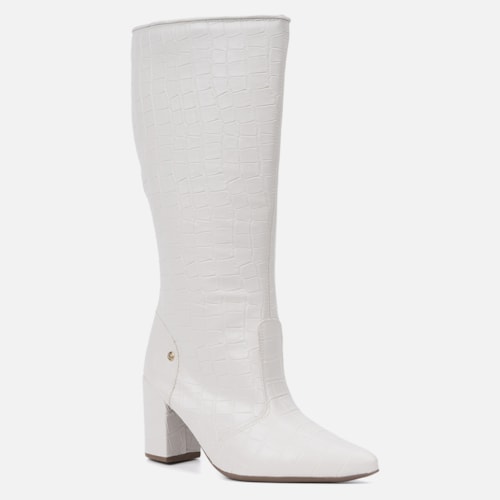 Bota Feminina Cano Alto Longo Animal Print Salto Alto Grosso Off White