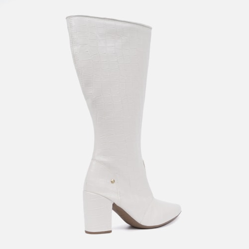 Bota Feminina Cano Alto Longo Animal Print Salto Alto Grosso Off White