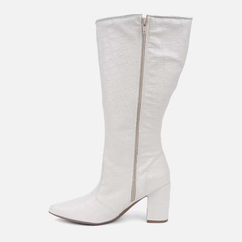 Bota Feminina Cano Alto Longo Animal Print Salto Alto Grosso Off White