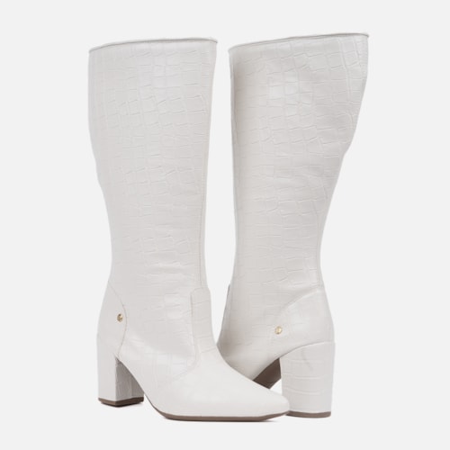 Bota Feminina Cano Alto Longo Animal Print Salto Alto Grosso Off White