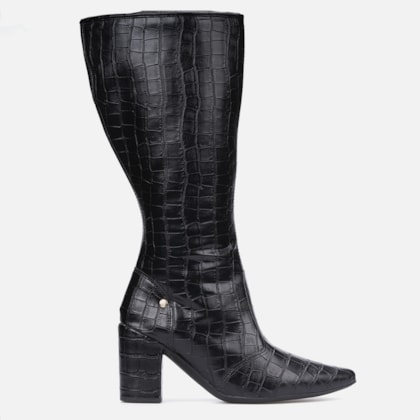 Bota Feminina Cano Alto Longo Animal Print Salto Alto Grosso Preta