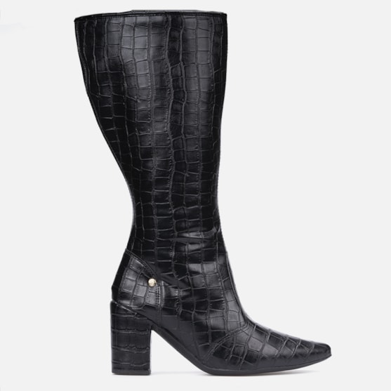 Bota Feminina Cano Alto Longo Animal Print Salto Alto Grosso Preta