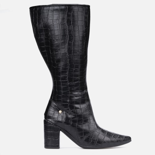 Bota Feminina Cano Alto Longo Animal Print Salto Alto Grosso Preta