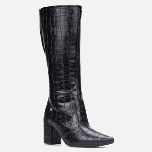 Bota Feminina Cano Alto Longo Animal Print Salto Alto Grosso Preta