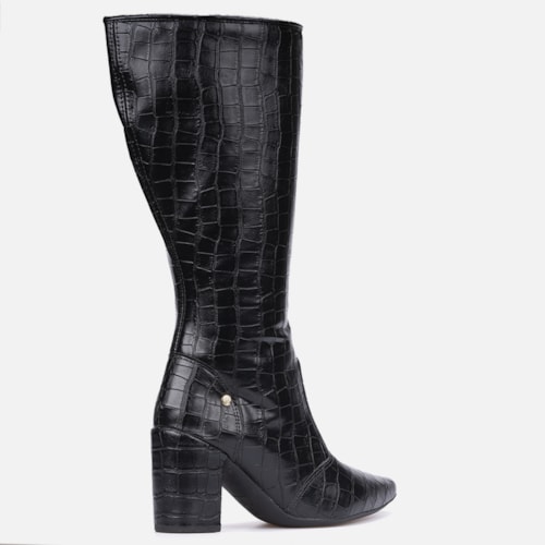 Bota Feminina Cano Alto Longo Animal Print Salto Alto Grosso Preta