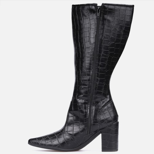 Bota Feminina Cano Alto Longo Animal Print Salto Alto Grosso Preta