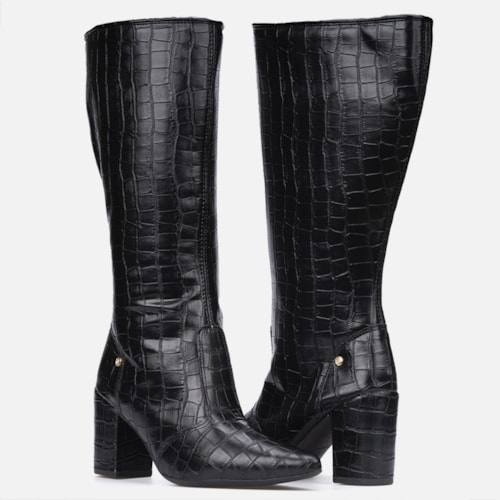 Bota Feminina Cano Alto Longo Animal Print Salto Alto Grosso Preta