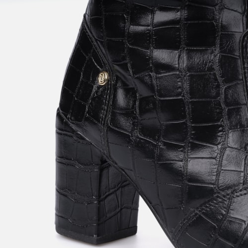 Bota Feminina Cano Alto Longo Animal Print Salto Alto Grosso Preta