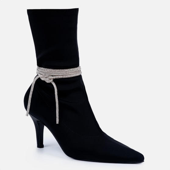 Segunda imagem do produto Bota Feminina Cano Curto Bico Fino Salto Alto Laço Strass Elegante Preta