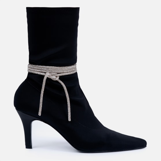 Bota Feminina Cano Curto Bico Fino Salto Alto Laço Strass Elegante Preta