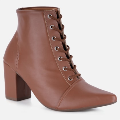 Segunda imagem do produto Bota Feminina Cano Curto Bico Fino Salto Grosso Confortável Caramelo