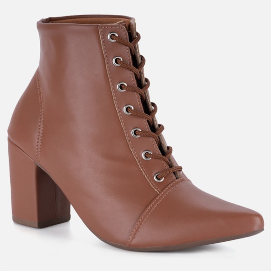 Segunda imagem do produto Bota Feminina Cano Curto Bico Fino Salto Grosso Confortável Caramelo