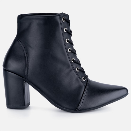 Bota Feminina Cano Curto Bico Fino Salto Grosso Confortável Preta Napa