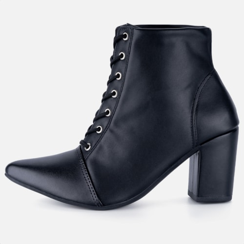 Bota Feminina Cano Curto Bico Fino Salto Grosso Confortável Preta Napa