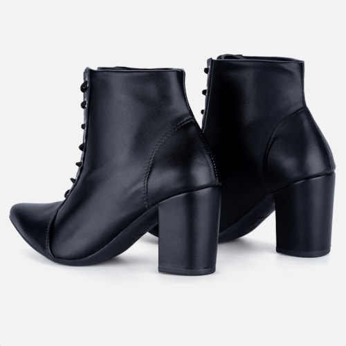 Bota Feminina Cano Curto Bico Fino Salto Grosso Confortável Preta Napa