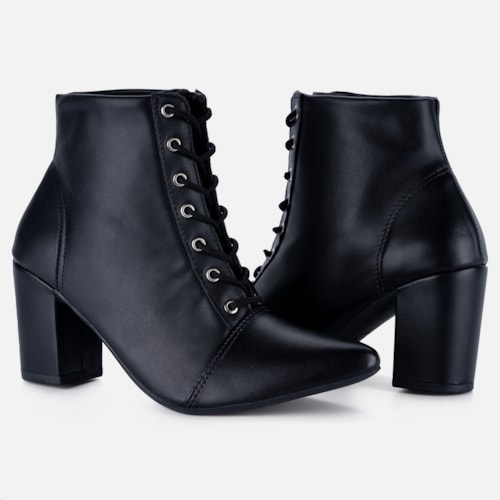 Bota Feminina Cano Curto Bico Fino Salto Grosso Confortável Preta Napa