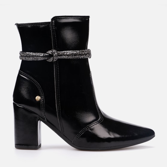 Bota Feminina Cano Médio Bico Fino Tira De Strass Elegante Preto