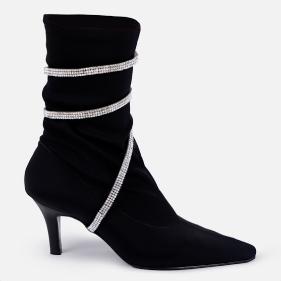 Bota Feminina Espiral De Strass Salto Fino Elegante Preta
