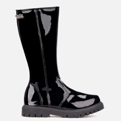 Bota Feminina Infantil Cano Alto Montaria Tratorada Verniz Moda Preta