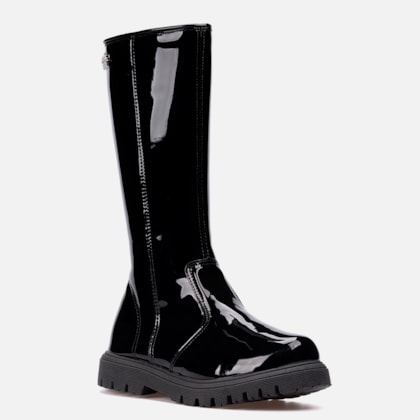 Segunda imagem do produto Bota Feminina Infantil Cano Alto Montaria Tratorada Verniz Moda Preta