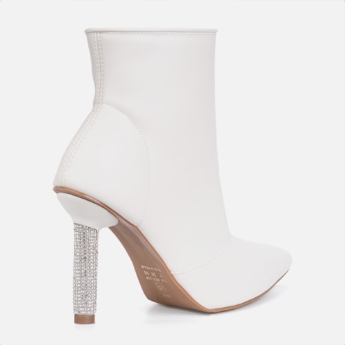 Bota Feminina Inverno Off White Cano Médio Bico Fino Salto Fino Strass