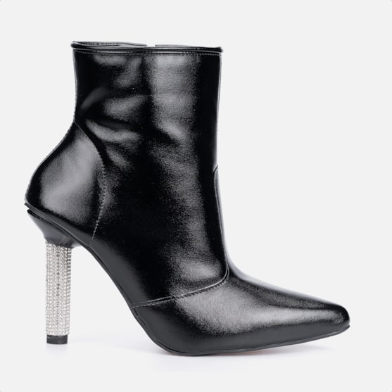 Bota Feminina Inverno Preta Cano Médio Bico Fino Salto Fino Strass