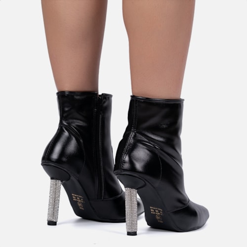 Bota Feminina Inverno Preta Cano Médio Bico Fino Salto Fino Strass
