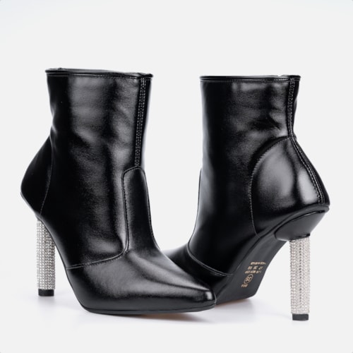 Bota Feminina Inverno Preta Cano Médio Bico Fino Salto Fino Strass
