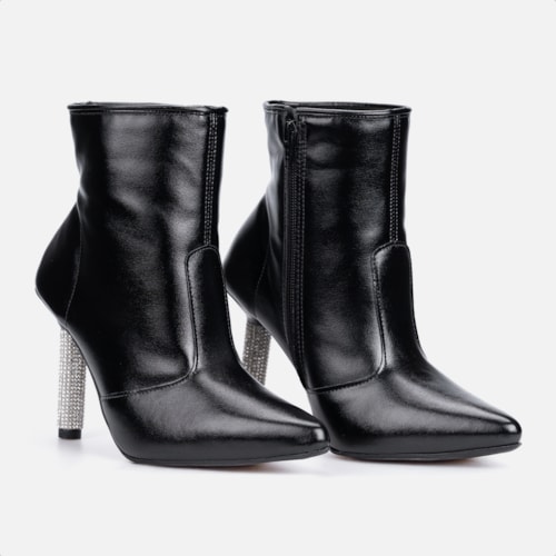 Bota Feminina Inverno Preta Cano Médio Bico Fino Salto Fino Strass