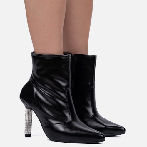 Bota Feminina Inverno Preta Cano Médio Bico Fino Salto Fino Strass