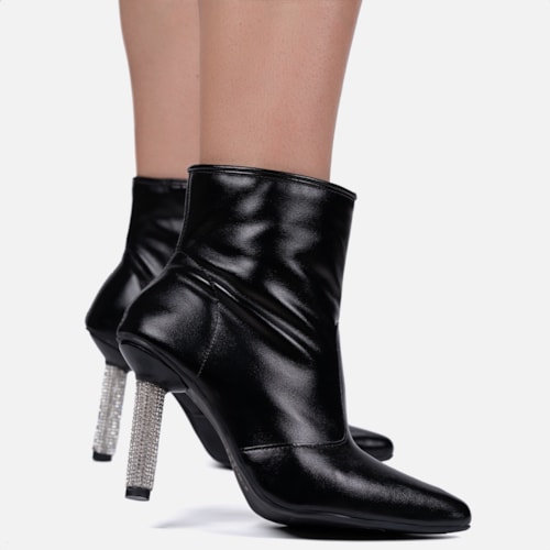Bota Feminina Inverno Preta Cano Médio Bico Fino Salto Fino Strass