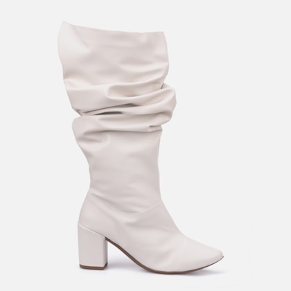 Bota Feminina Slouchy Bico Fino Salto Bloco Elegante Off White