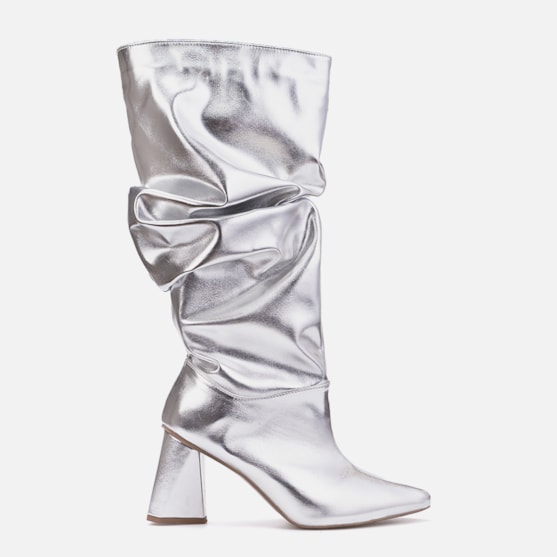 Bota Feminina Slouchy Bico Fino Salto Bloco Elegante Prata