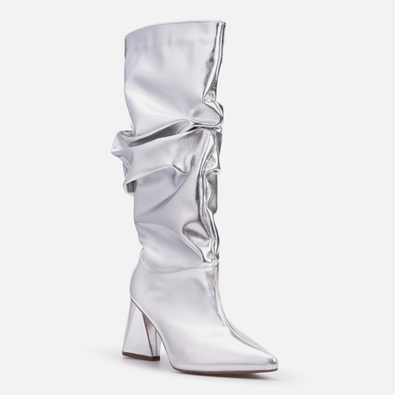 Segunda imagem do produto Bota Feminina Slouchy Bico Fino Salto Bloco Elegante Prata