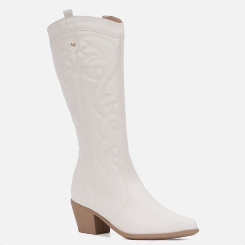 Bota Feminina Texana Western Cano Alto Bordada Bico Fino Off White