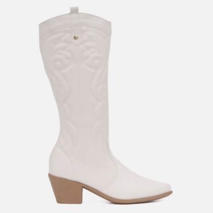 Bota Feminina Texana Western Cano Alto Bordada Bico Fino Off White
