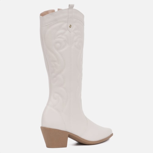 Bota Feminina Texana Western Cano Alto Bordada Bico Fino Off White