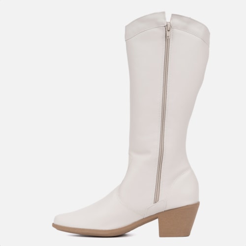 Bota Feminina Texana Western Cano Alto Bordada Bico Fino Off White