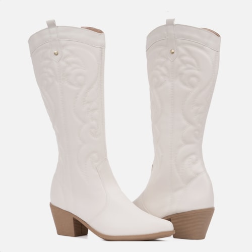 Bota Feminina Texana Western Cano Alto Bordada Bico Fino Off White