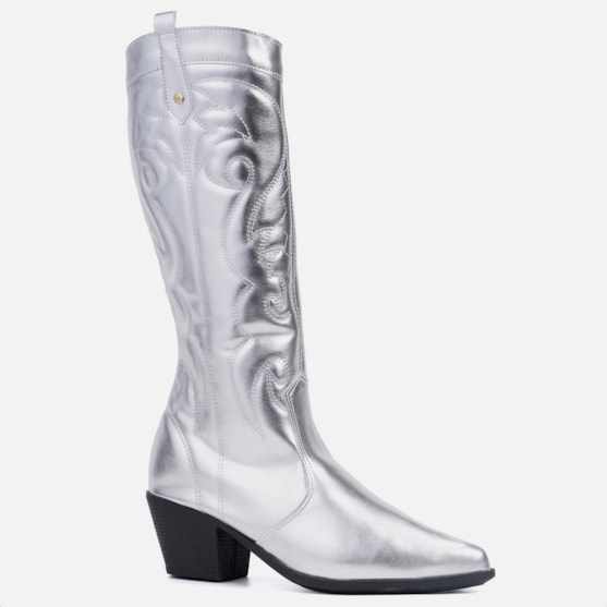 Segunda imagem do produto Bota Feminina Texana Western Cano Alto Bordada Bico Fino Prata
