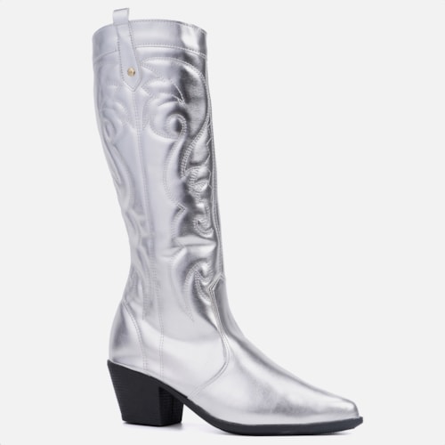 Bota Feminina Texana Western Cano Alto Bordada Bico Fino Prata