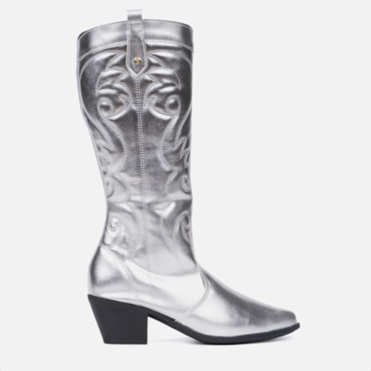 Bota Feminina Texana Western Cano Alto Bordada Bico Fino Prata