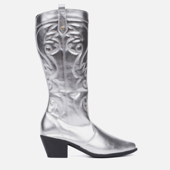 Bota Feminina Texana Western Cano Alto Bordada Bico Fino Prata