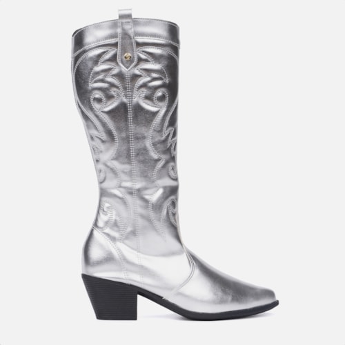 Bota Feminina Texana Western Cano Alto Bordada Bico Fino Prata