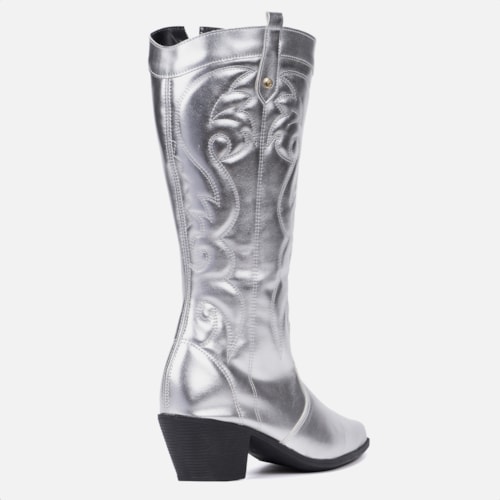 Bota Feminina Texana Western Cano Alto Bordada Bico Fino Prata