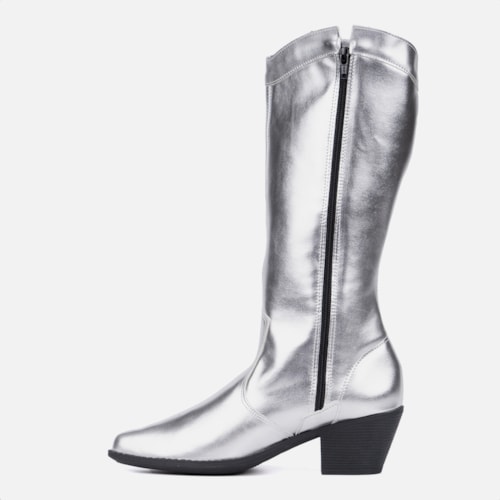 Bota Feminina Texana Western Cano Alto Bordada Bico Fino Prata