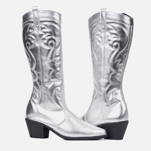 Bota Feminina Texana Western Cano Alto Bordada Bico Fino Prata