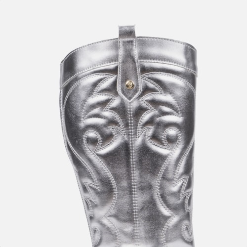 Bota Feminina Texana Western Cano Alto Bordada Bico Fino Prata
